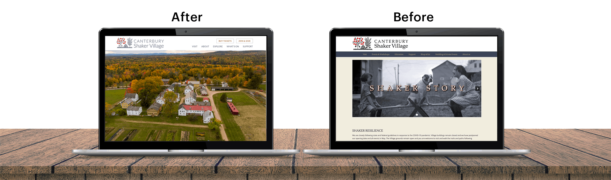 Before and after image of the canterbury shaker village website redesign