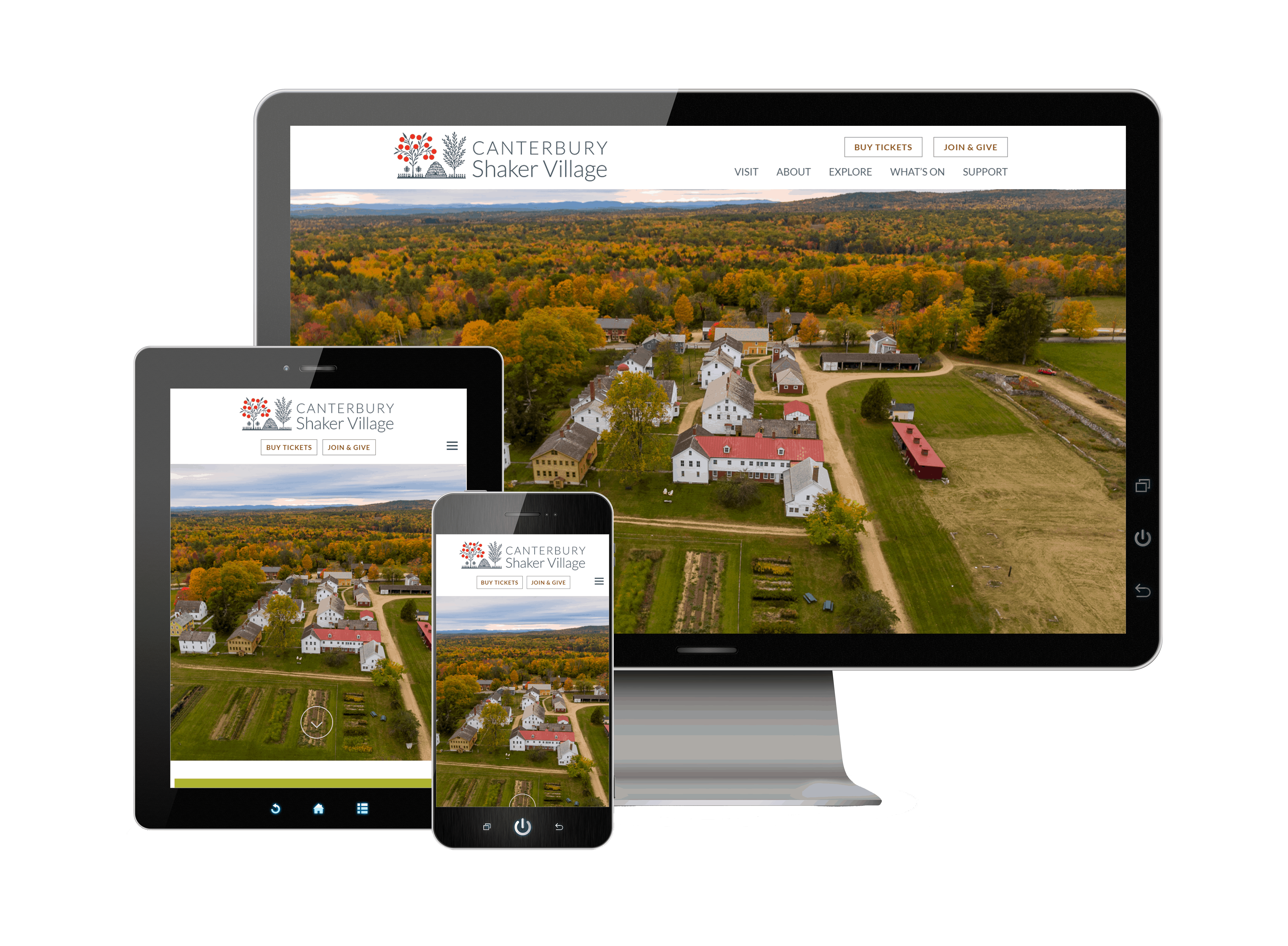 Image of devices with Canterbury Shaker Village Website Redesign on the screen