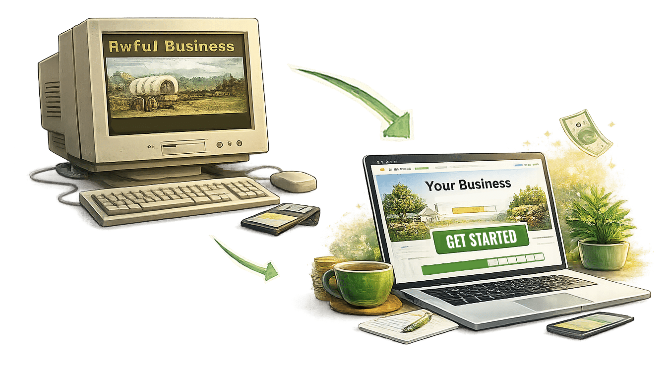 Old outdated computer “Awful Business” illustration