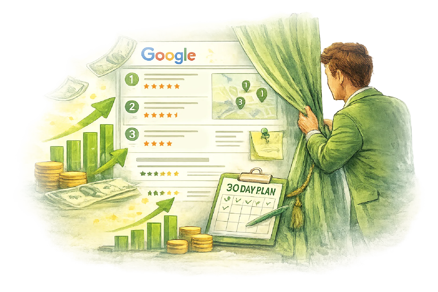 Business owner analyzing Google search rankings and local SEO visibility audit results with competitors and map listings